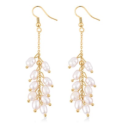 White Freshwater Pearl Dangle Earrings in Goldtone