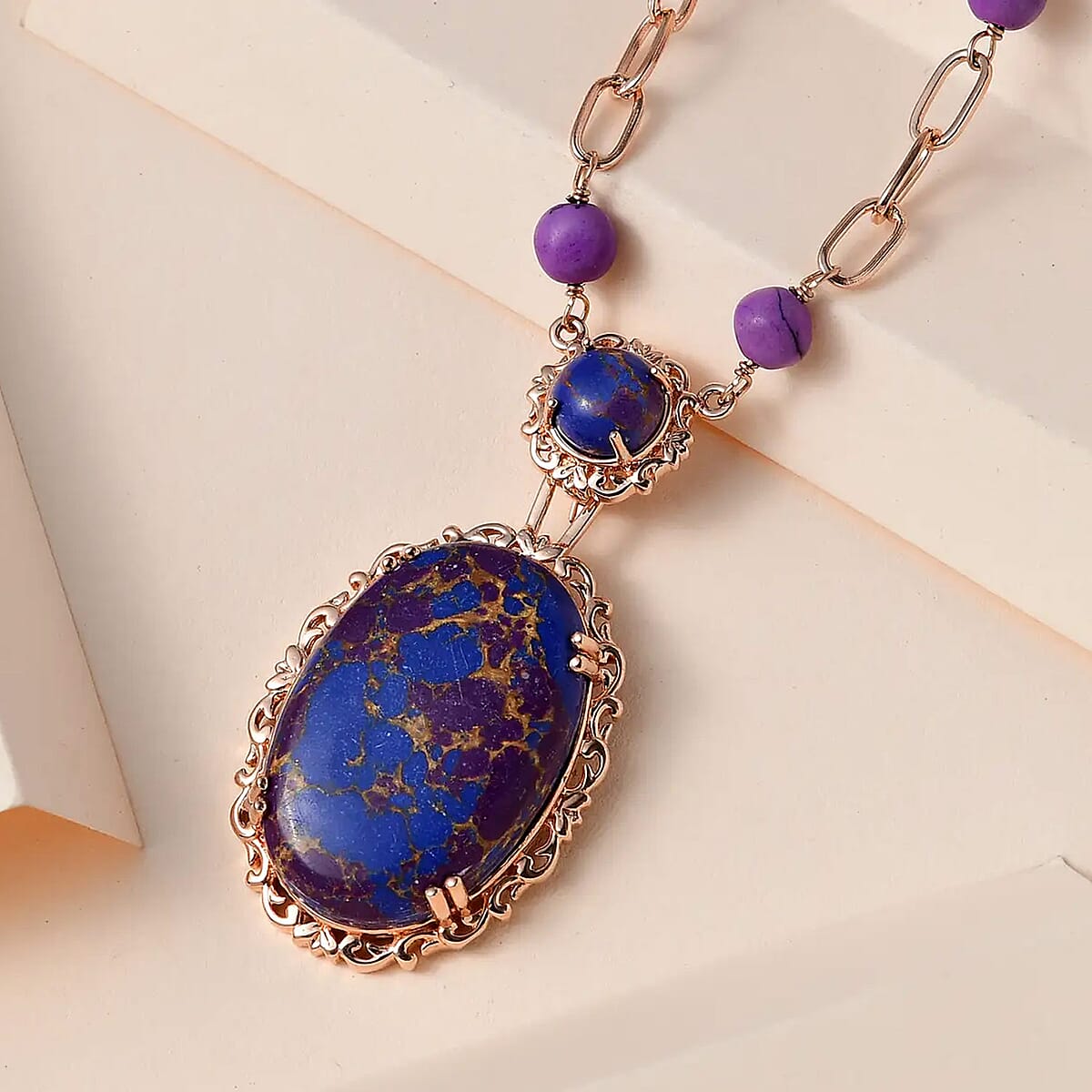 Karis Mojave Purple Turquoise Paper Clip Chain Station Necklace 18 Inches in 18K RG Plated 36.15 ctw image number 1