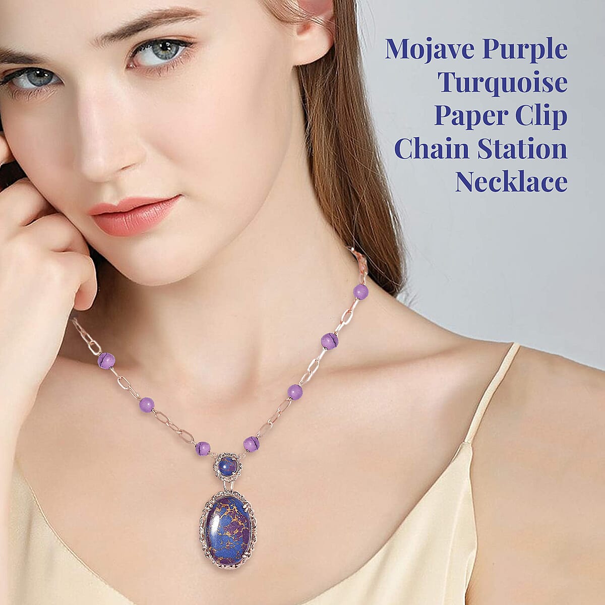 Karis Mojave Purple Turquoise Paper Clip Chain Station Necklace 18 Inches in 18K RG Plated 36.15 ctw image number 2