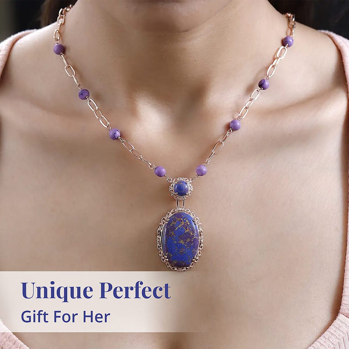 Karis Mojave Purple Turquoise Paper Clip Chain Station Necklace 18 Inches in 18K RG Plated 36.15 ctw image number 4