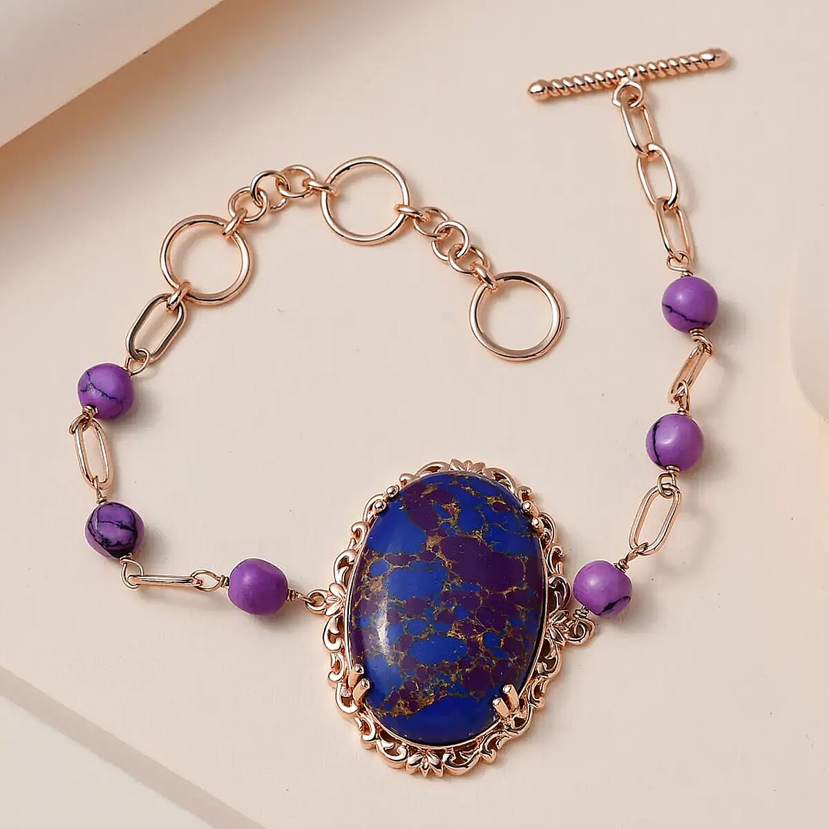 Karis Mojave Purple Turquoise Toggle Clasp Bracelet in 18K RG Plated (6.50 In) 55.00 ctw image number 1
