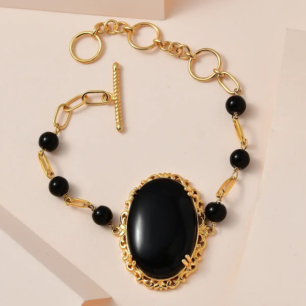 Karis Black Obsidian Toggle Clasp Bracelet in 18K YG Plated (6.50 In) 56.75 ctw image number 1