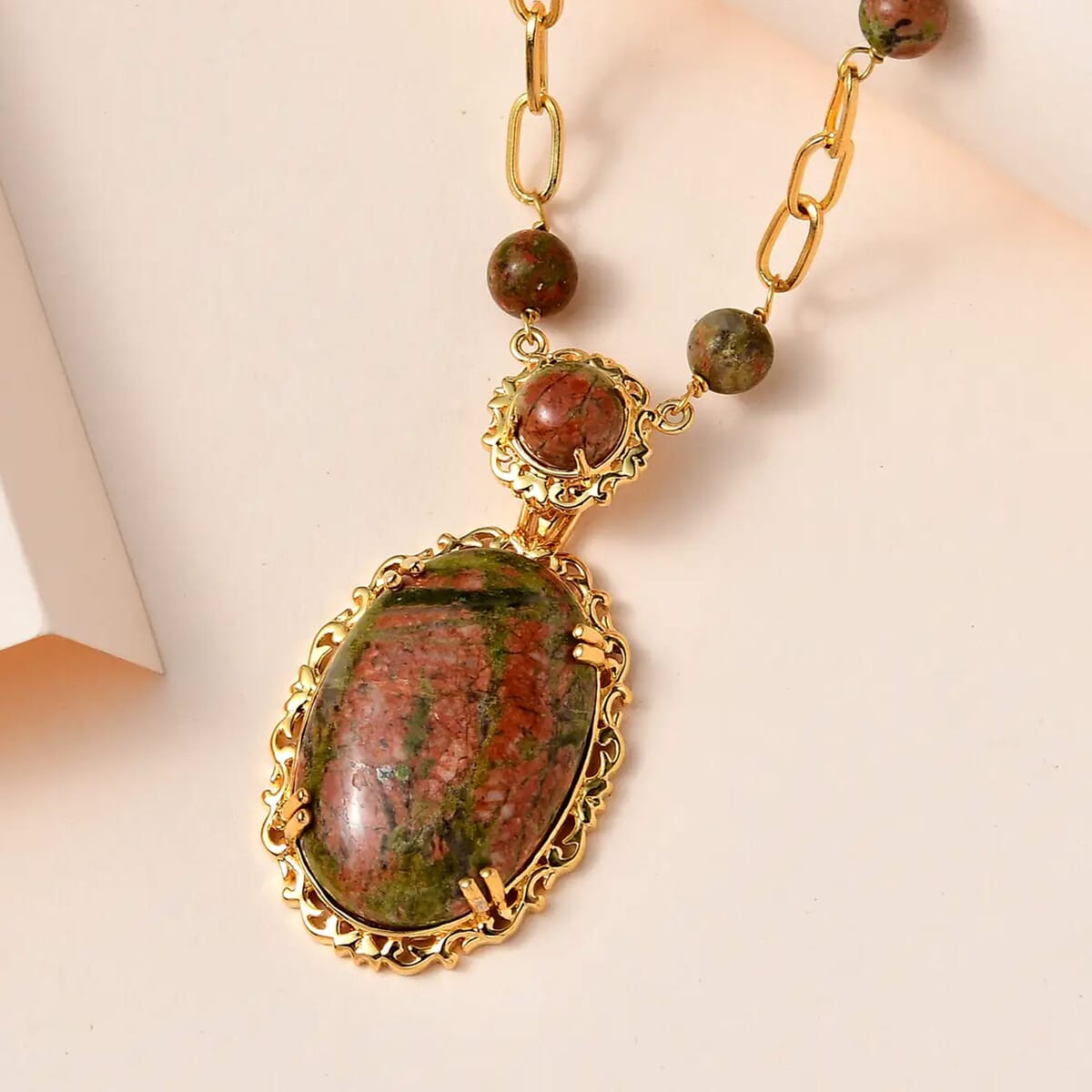 Karis Unakite Paper Clip Chain Station Necklace (18 Inches) in 18K YG Plated 48.65 ctw image number 1