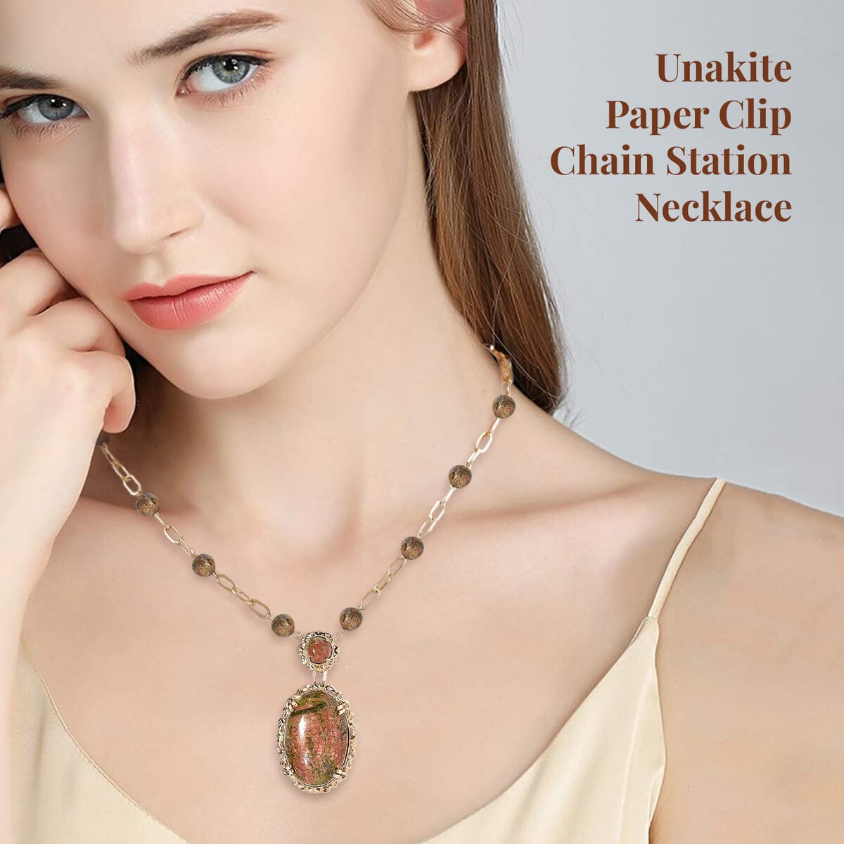Karis Unakite Paper Clip Chain Station Necklace (18 Inches) in 18K YG Plated 48.65 ctw image number 2