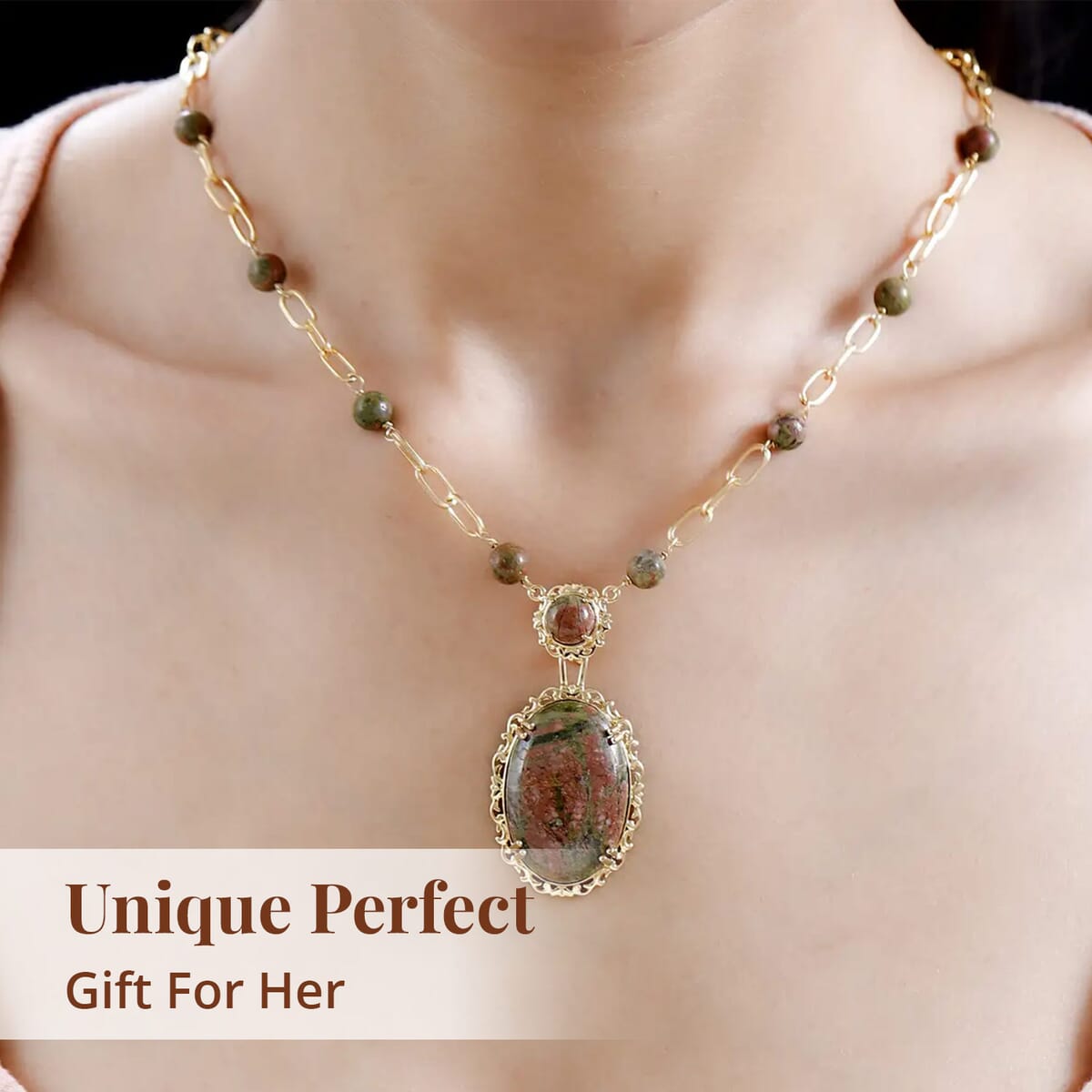 Karis Unakite Paper Clip Chain Station Necklace (18 Inches) in 18K YG Plated 48.65 ctw image number 4