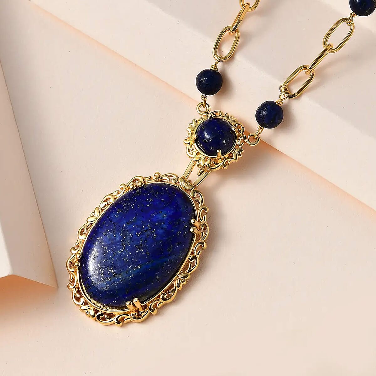 Karis Lapis Lazuli Paper Clip Chain Station Necklace 18 Inches in 18K YG Plated 44.50 ctw image number 1