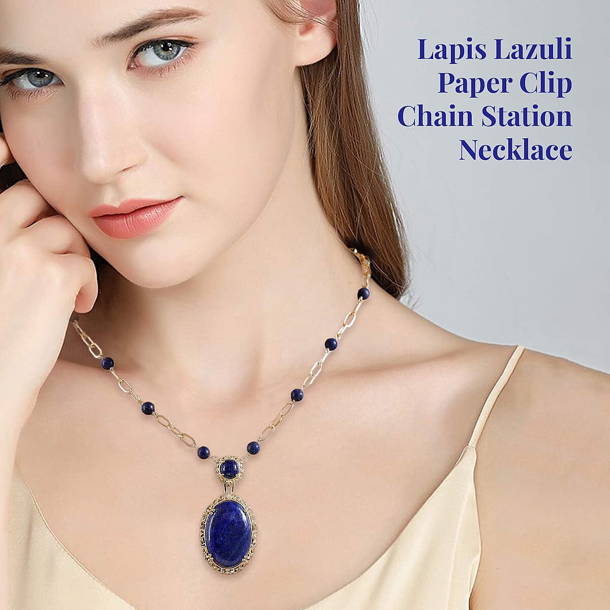 Karis Lapis Lazuli Paper Clip Chain Station Necklace 18 Inches in 18K YG Plated 44.50 ctw image number 2
