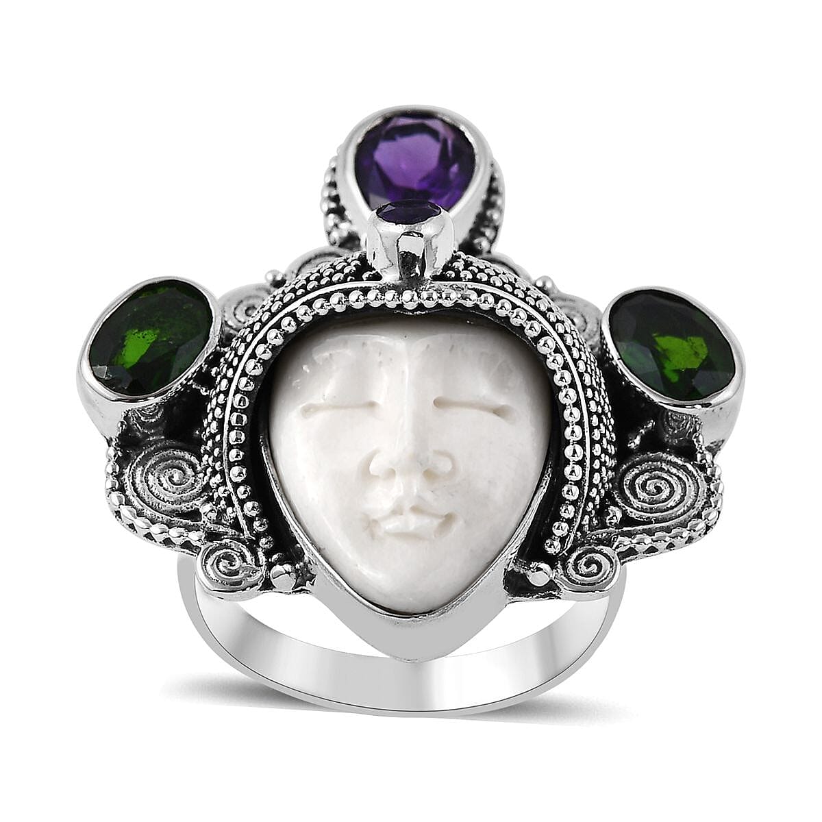 Bali Legacy Carved Bone and Multi Gemstone Ring in Sterling Silver (Size 7.0) 2.10 ctw image number 0