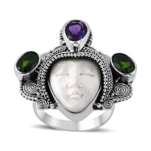 Bali Legacy Carved Bone and Multi Gemstone Ring in Sterling Silver 2.10 ctw