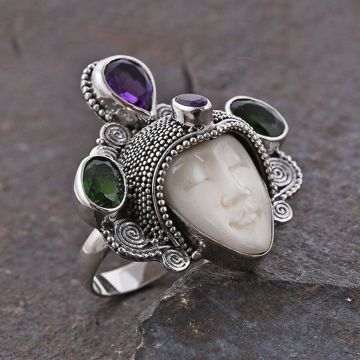 Bali Legacy Carved Bone and Multi Gemstone Ring in Sterling Silver (Size 7.0) 2.10 ctw image number 1