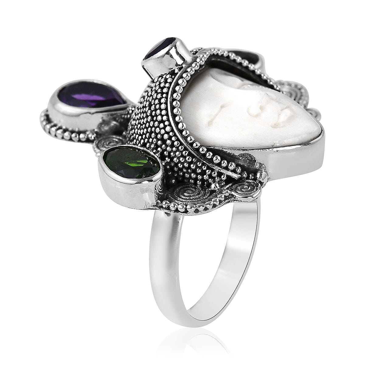 Bali Legacy Carved Bone and Multi Gemstone Ring in Sterling Silver (Size 7.0) 2.10 ctw image number 3