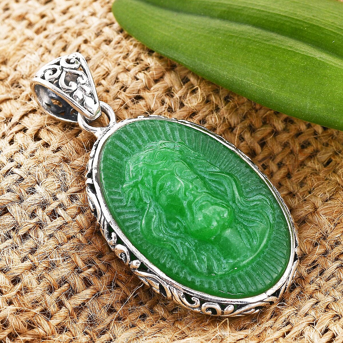 Green Jade (D) Carved Pendant in Sterling Silver 23.65 ctw image number 1