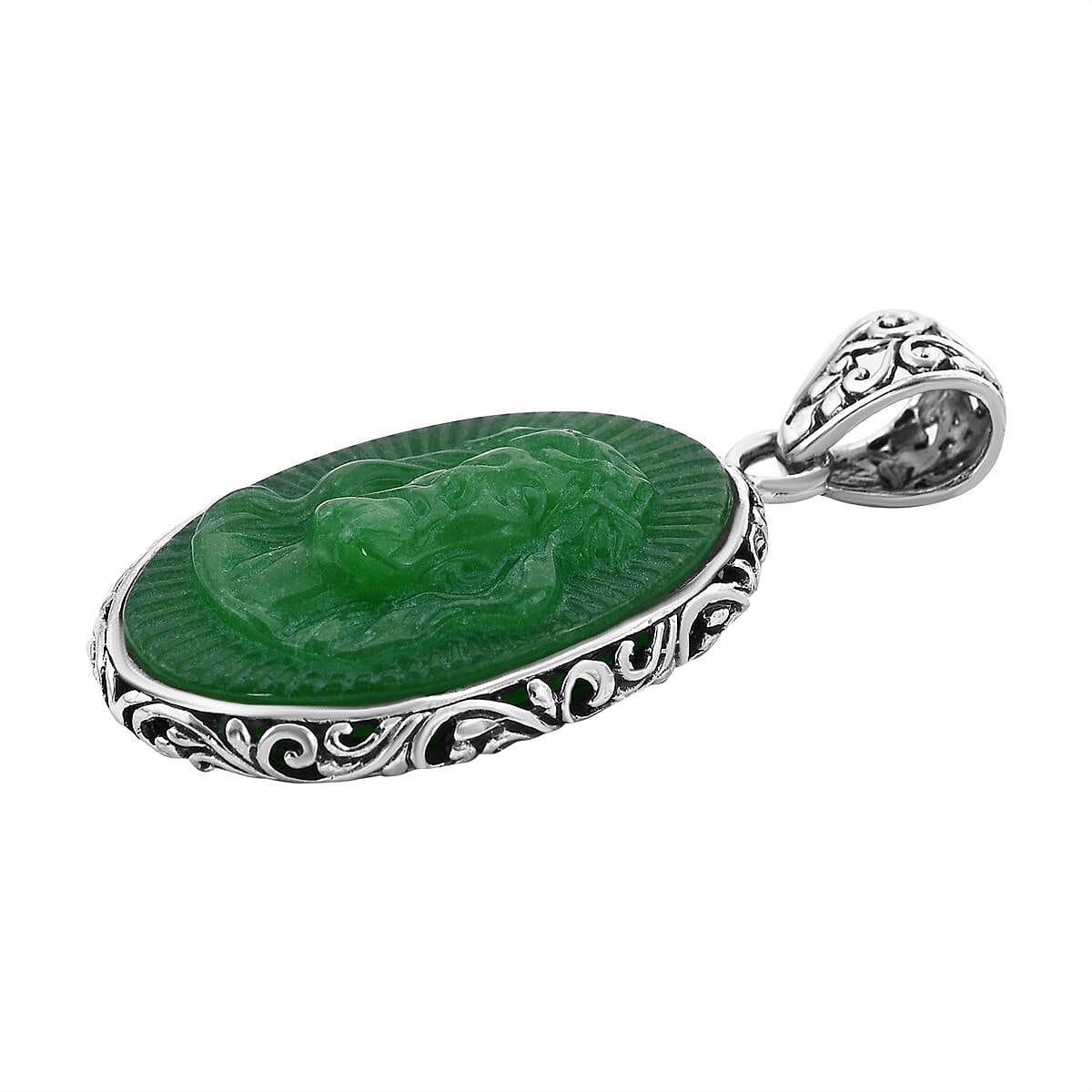 Green Jade (D) Carved Pendant in Sterling Silver 23.65 ctw image number 3
