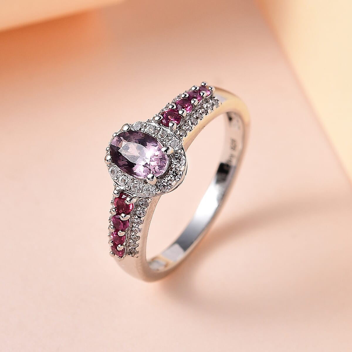Tanzanian Lavender Spinel and Multi Gemstone Halo Ring in Platinum Over Sterling Silver 1.15 ctw image number 1