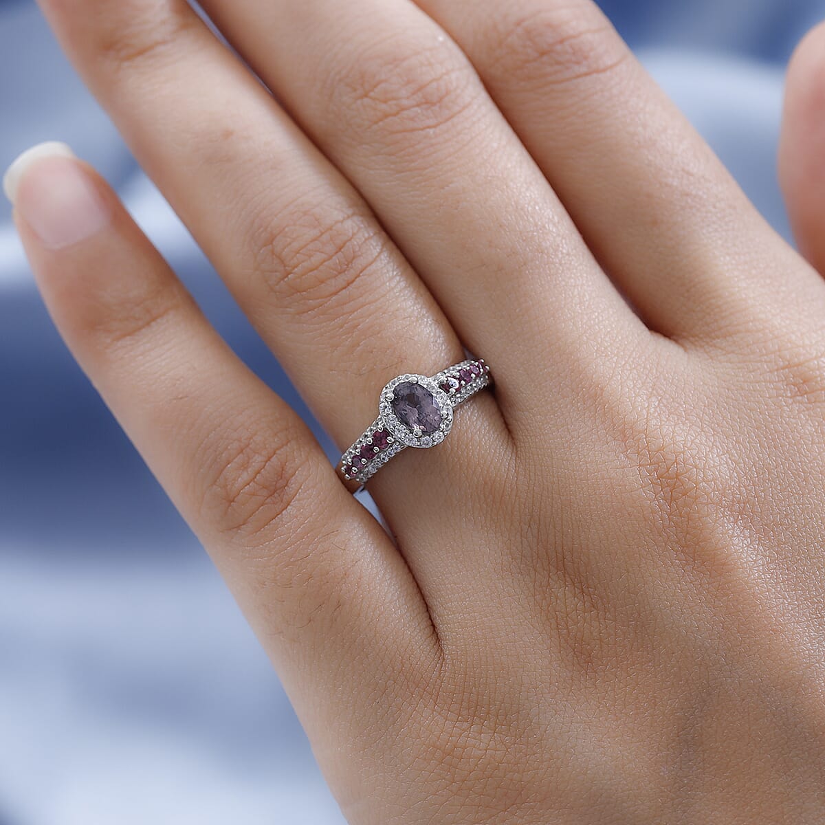 Tanzanian Lavender Spinel and Multi Gemstone Halo Ring in Platinum Over Sterling Silver 1.15 ctw image number 2