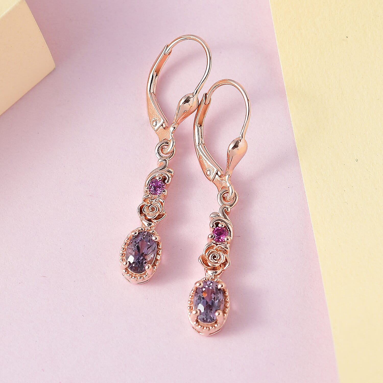 Tanzanian Lavender Spinel and Orissa Rhodolite Garnet Dangling Earrings in Vermeil Rose Gold Over Sterling Silver 1.35 ctw