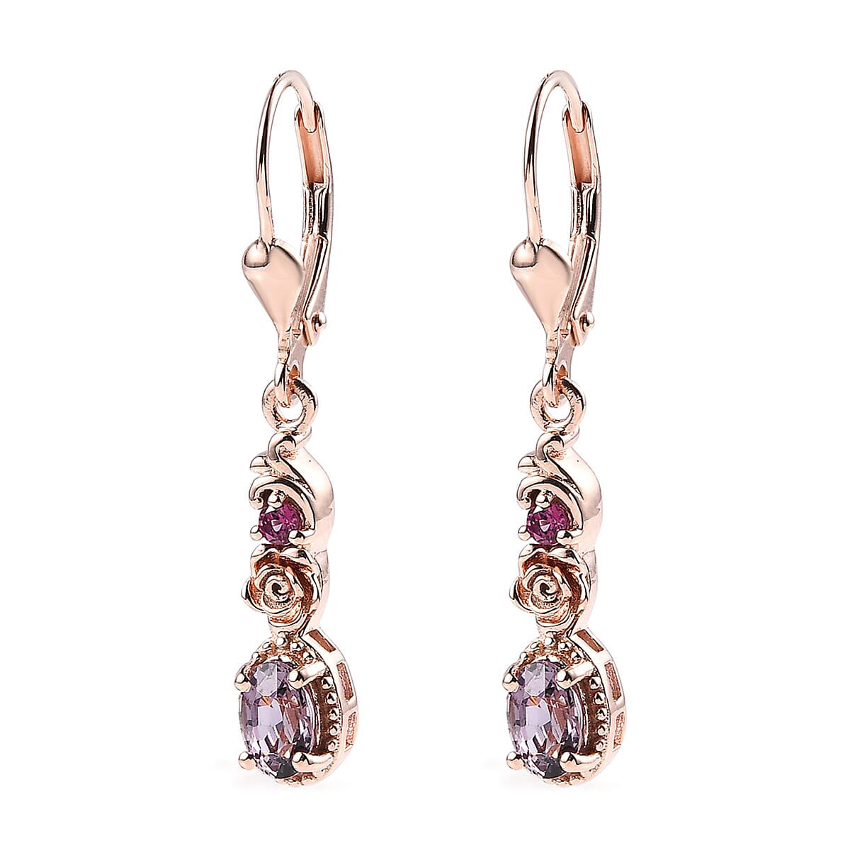 Tanzanian Lavender Spinel and Orissa Rhodolite Garnet Dangling Earrings in Vermeil Rose Gold Over Sterling Silver 1.35 ctw