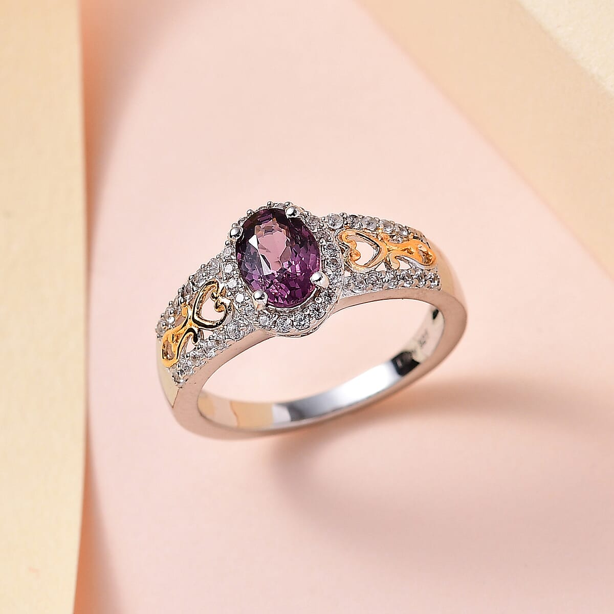 Tanzanian Lavender Spinel and White Zircon Ring in Vermeil Yellow Gold and Platinum Over Sterling Silver (Size 8.0) 1.35 ctw image number 1