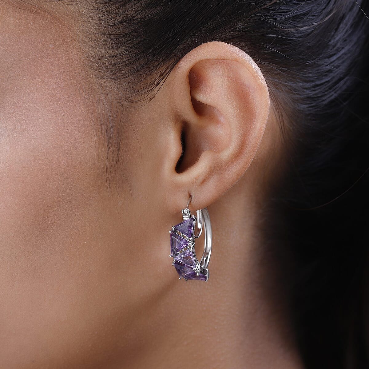 Amethyst Hoop Earrings in Platinum Over Sterling Silver 11.10 ctw image number 2