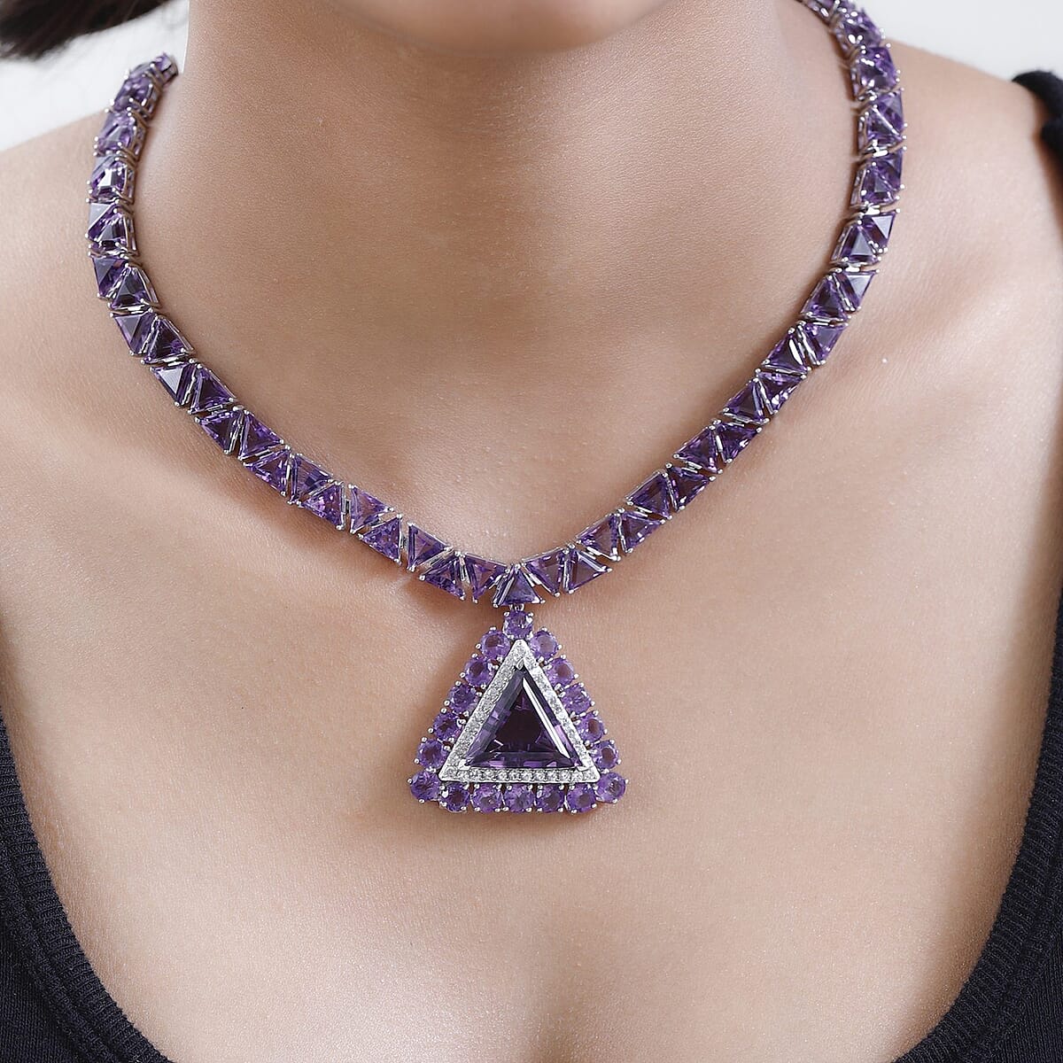 Rose De France Amethyst and White Zircon Necklace 18 Inches in Vermeil Rose Gold Over Sterling Silver 73.35 ctw image number 2