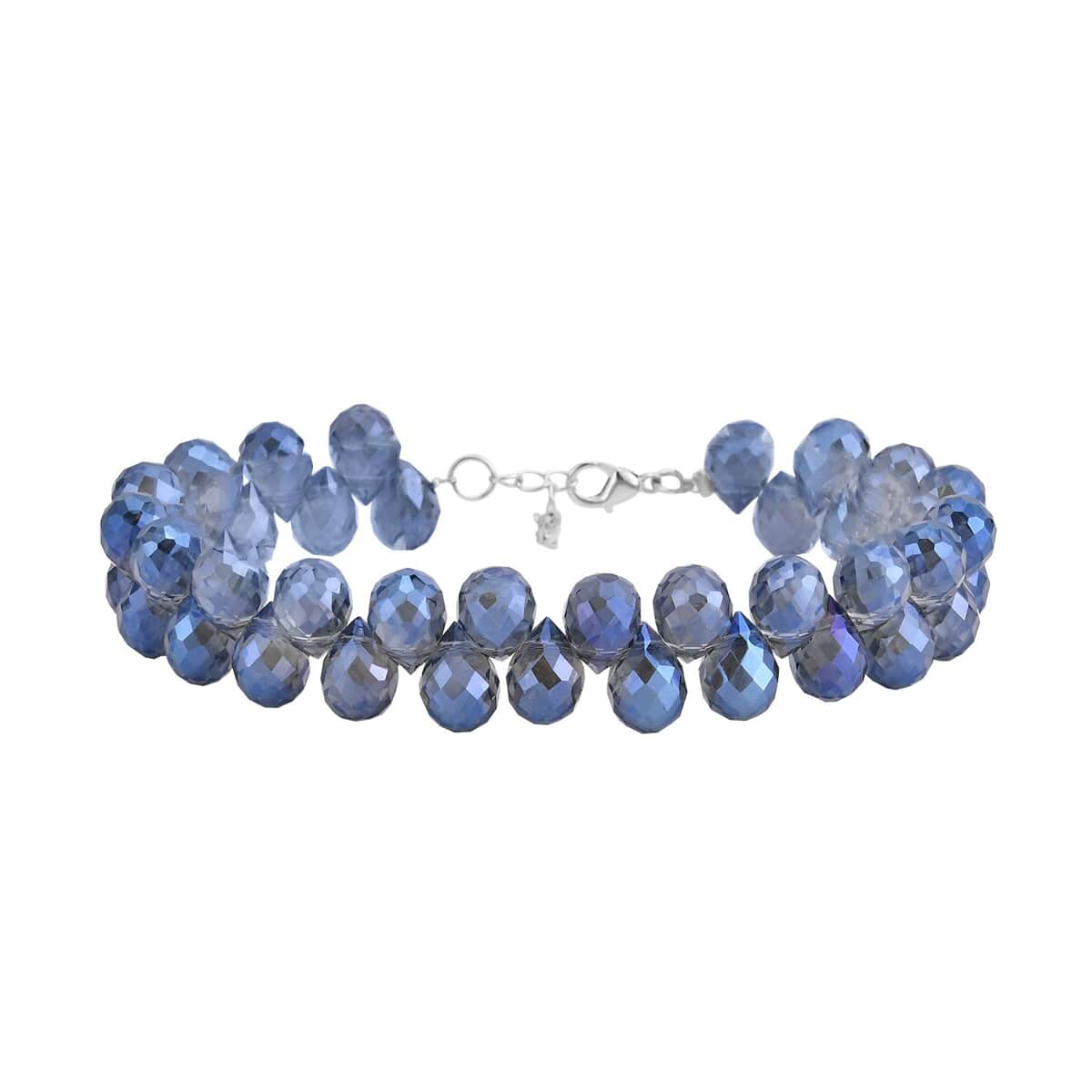 Blue Glass Beaded Bracelet in Rhodium Over Sterling Silver (7.5-8.5In) image number 0