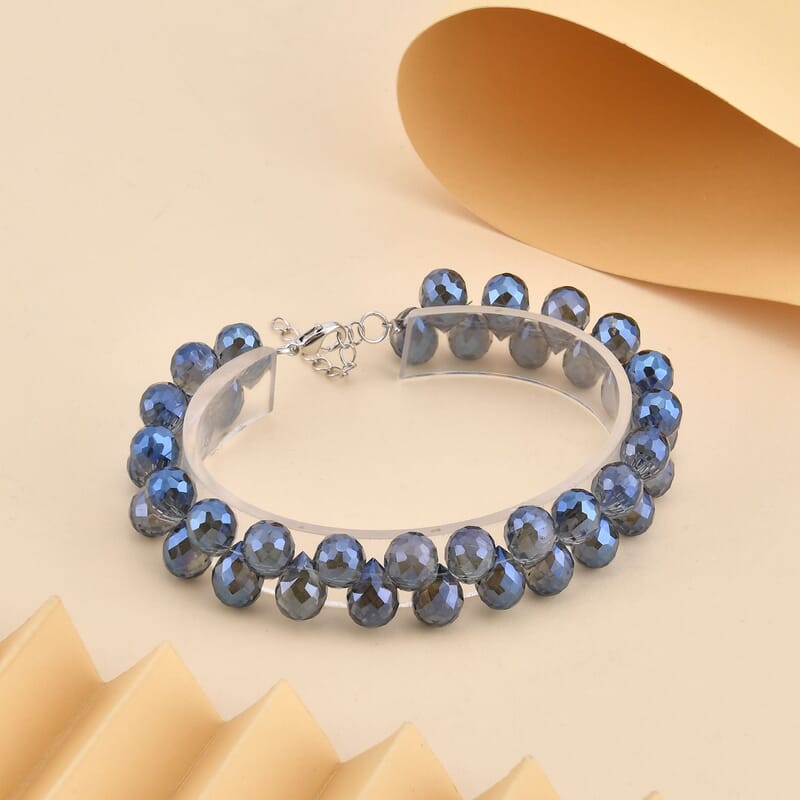 Blue Glass Beaded Bracelet in Rhodium Over Sterling Silver (7.5-8.5In)