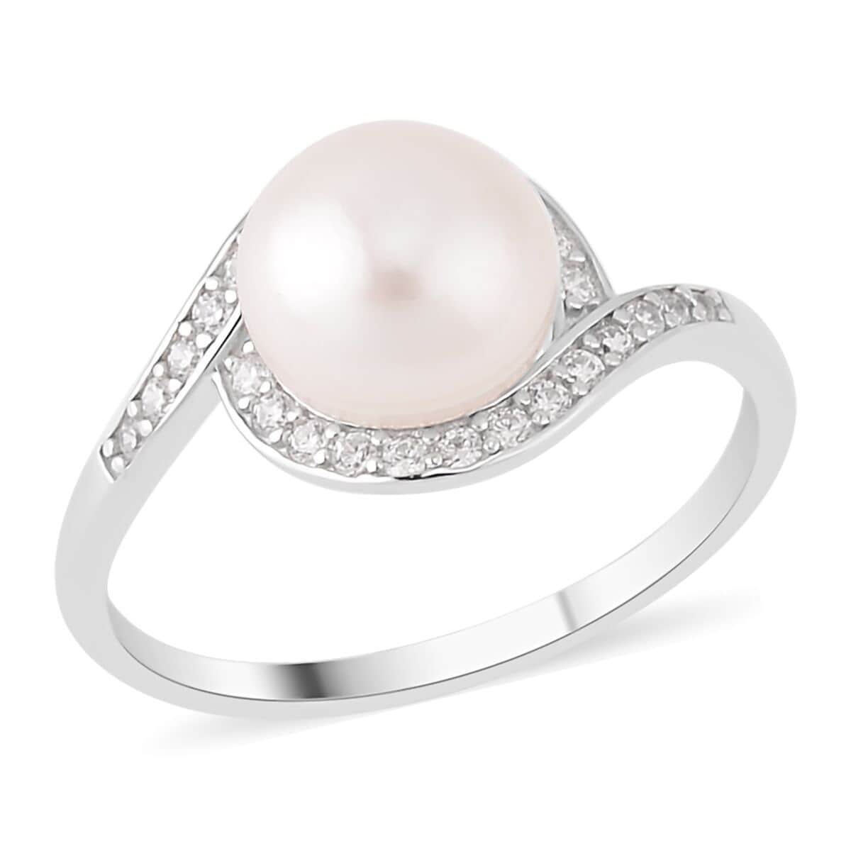 Freshwater Cultured Pearl and Simulated Diamond Bypass Ring in Rhodium Over Sterling Silver 0.40 ctw image number 0