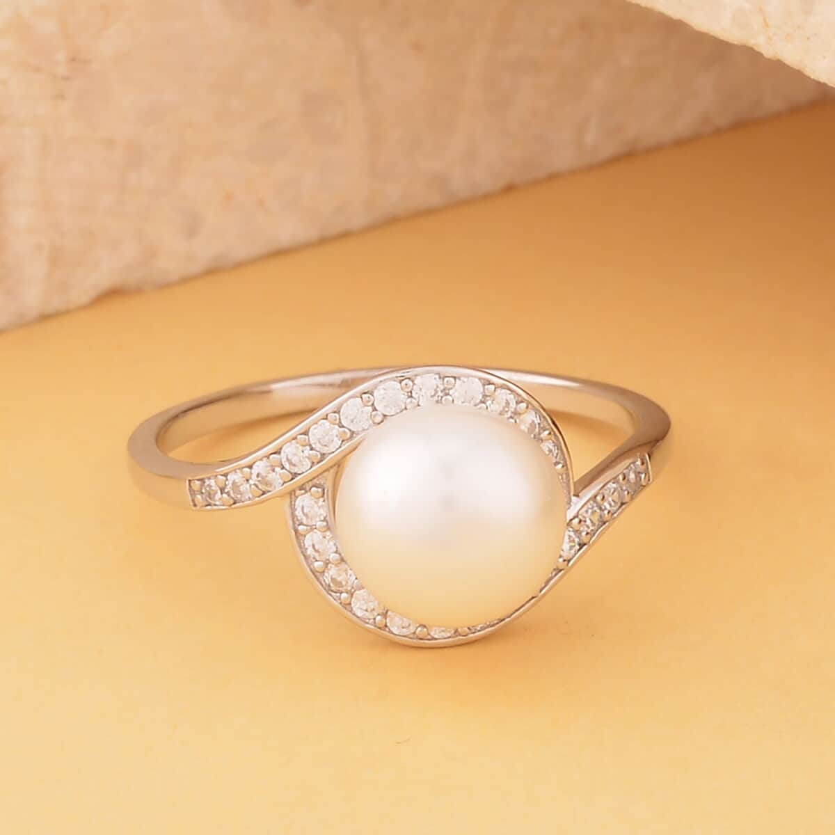 Freshwater Cultured Pearl and Simulated Diamond Bypass Ring in Rhodium Over Sterling Silver 0.40 ctw image number 1