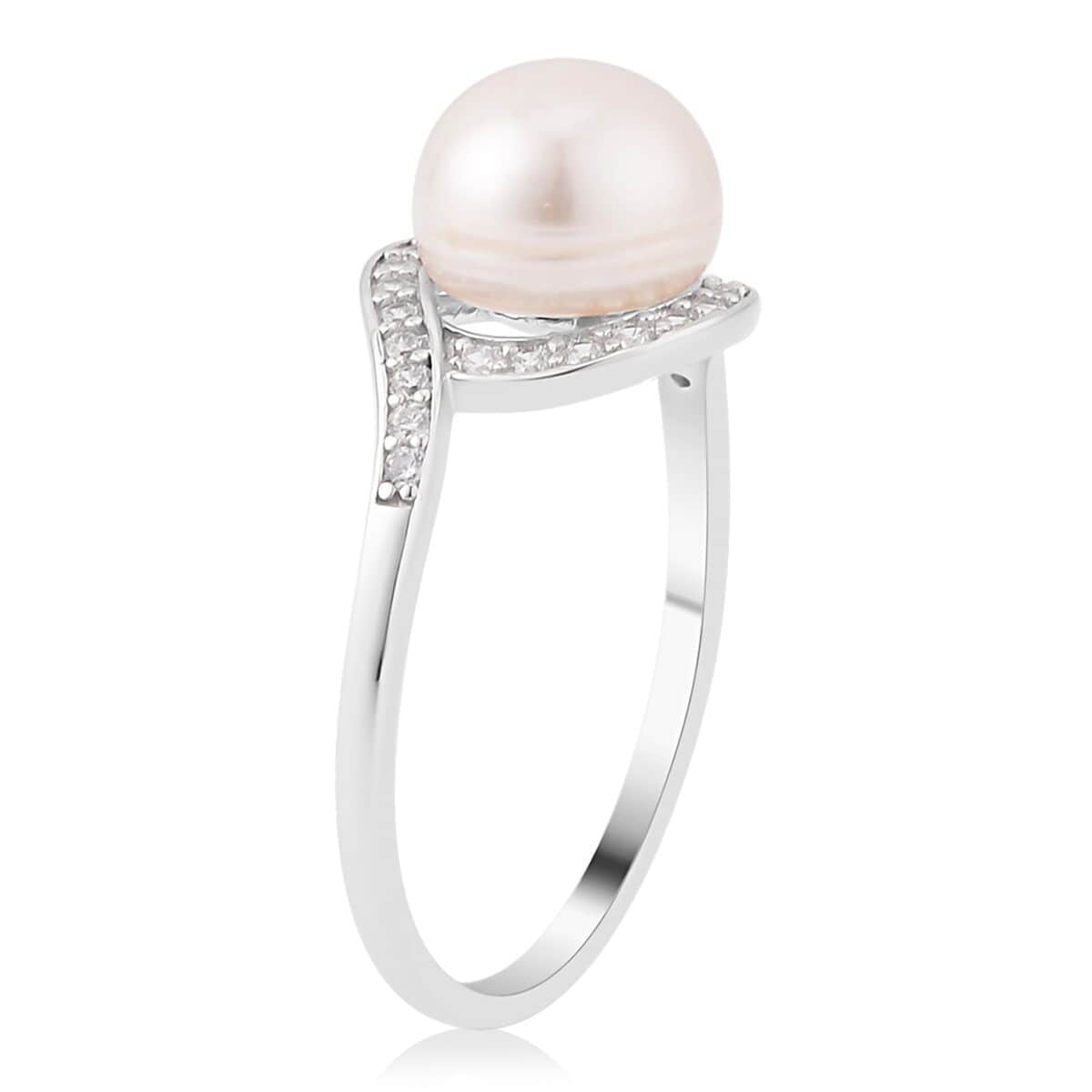 Freshwater Cultured Pearl and Simulated Diamond Bypass Ring in Rhodium Over Sterling Silver 0.40 ctw image number 3