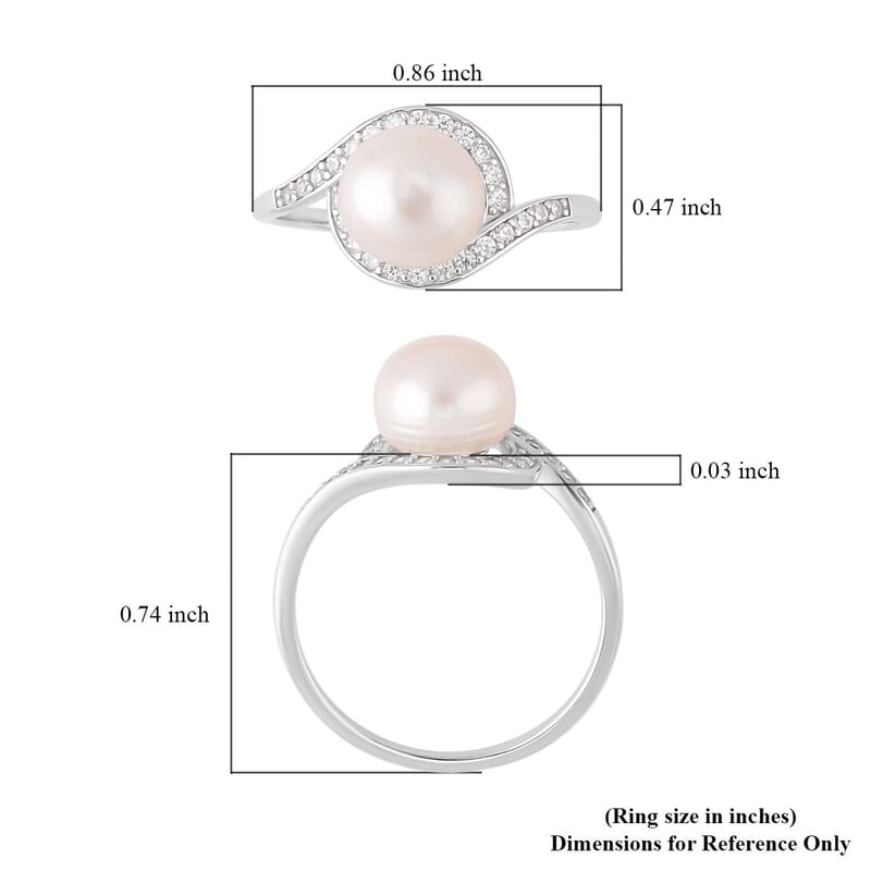 Freshwater Cultured Pearl and Simulated Diamond Bypass Ring in Rhodium Over Sterling Silver (Size 10.0) 0.40 ctw