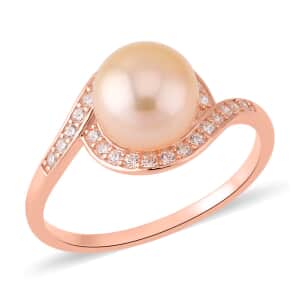 Freshwater Peach Cultured Pearl and Simulated Diamond Bypass Ring in 14K Rose Gold Over Sterling Silver (Size 10.0) 0.40 ctw