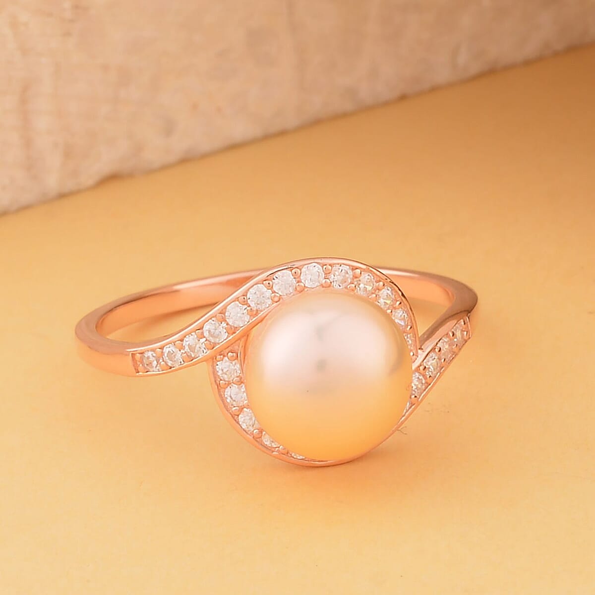 Freshwater Peach Cultured Pearl and Simulated Diamond Bypass Ring in 14K Rose Gold Over Sterling Silver (Size 7.0) 0.40 ctw image number 1
