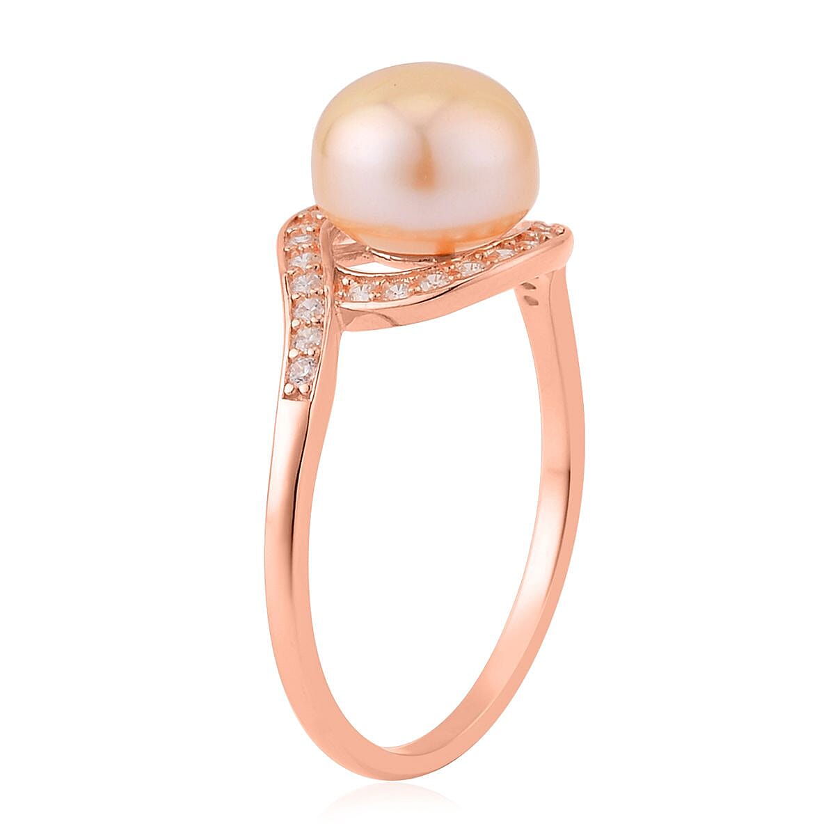 Freshwater Peach Cultured Pearl and Simulated Diamond Bypass Ring in 14K Rose Gold Over Sterling Silver (Size 7.0) 0.40 ctw image number 3