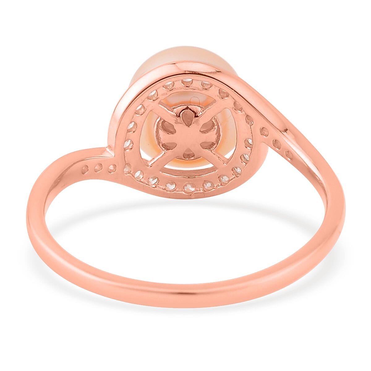 Freshwater Peach Cultured Pearl and Simulated Diamond Bypass Ring in 14K Rose Gold Over Sterling Silver (Size 7.0) 0.40 ctw image number 4