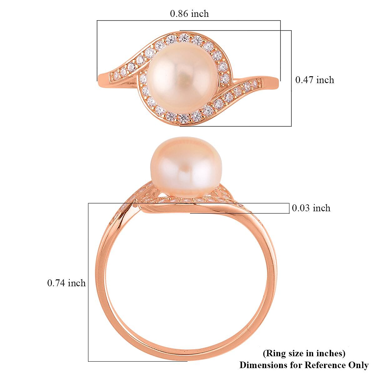 Freshwater Peach Cultured Pearl and Simulated Diamond Bypass Ring in 14K Rose Gold Over Sterling Silver (Size 7.0) 0.40 ctw image number 5
