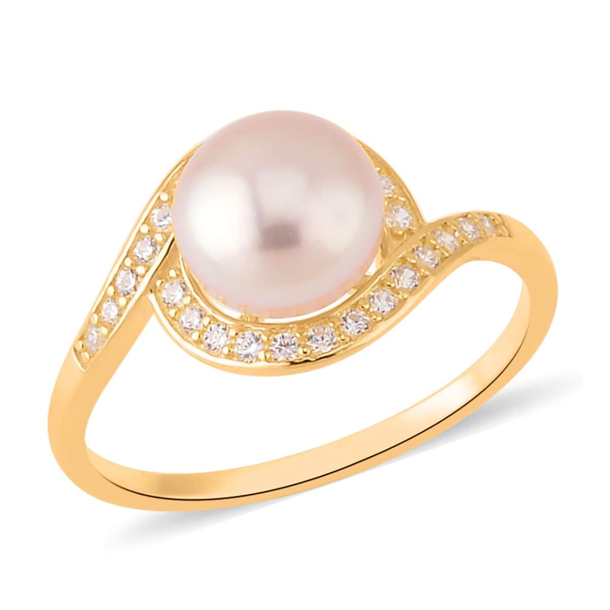 Freshwater Purple Cultured Pearl and Simulated Diamond Bypass Ring in 14K Yellow Gold Over Sterling Silver (Size 6.0) 0.40 ctw image number 0