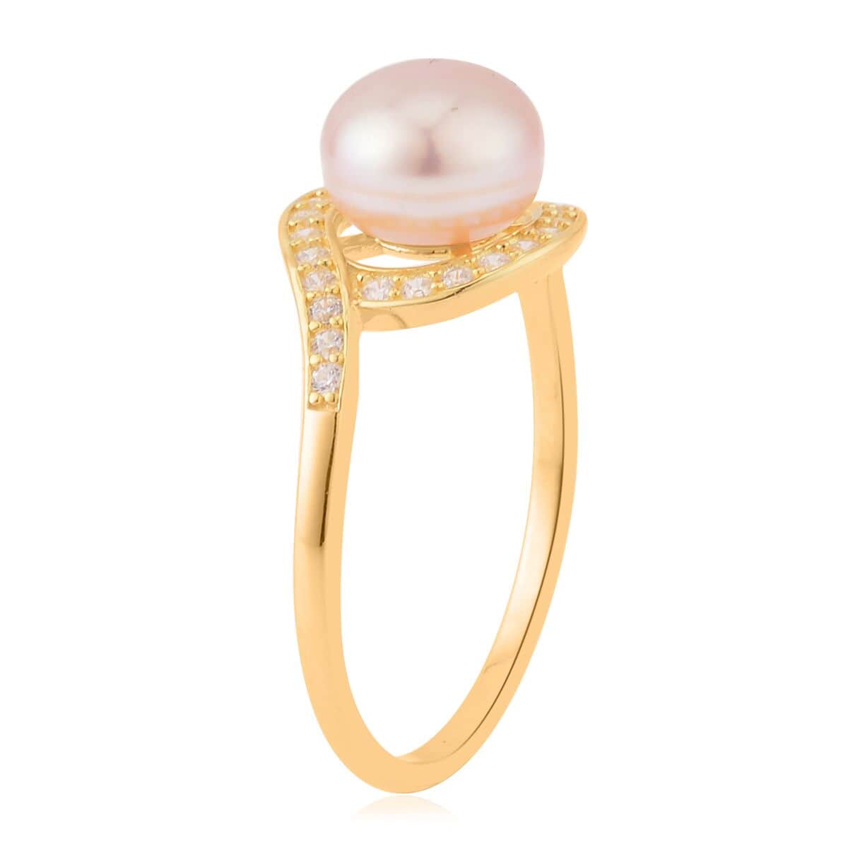 Freshwater Purple Cultured Pearl and Simulated Diamond Bypass Ring in 14K Yellow Gold Over Sterling Silver (Size 6.0) 0.40 ctw image number 3