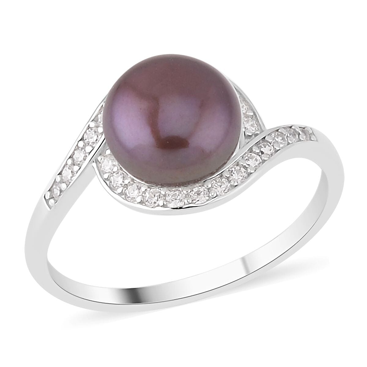 Freshwater Peacock Cultured Pearl and Simulated Diamond Bypass Ring in Rhodium Over Sterling Silver (Size 10.0) 0.40 ctw image number 0