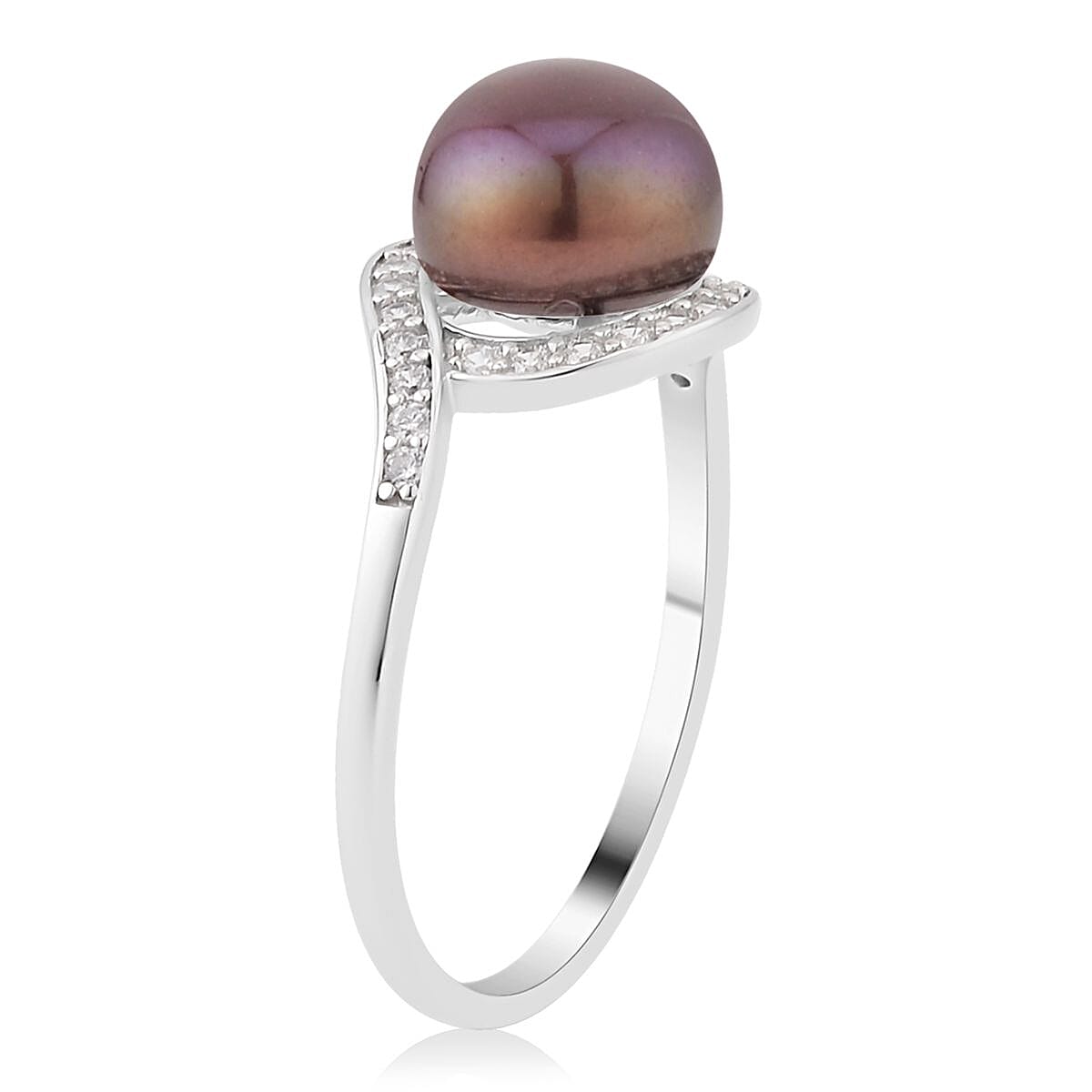 Freshwater Peacock Cultured Pearl and Simulated Diamond Bypass Ring in Rhodium Over Sterling Silver (Size 10.0) 0.40 ctw image number 3
