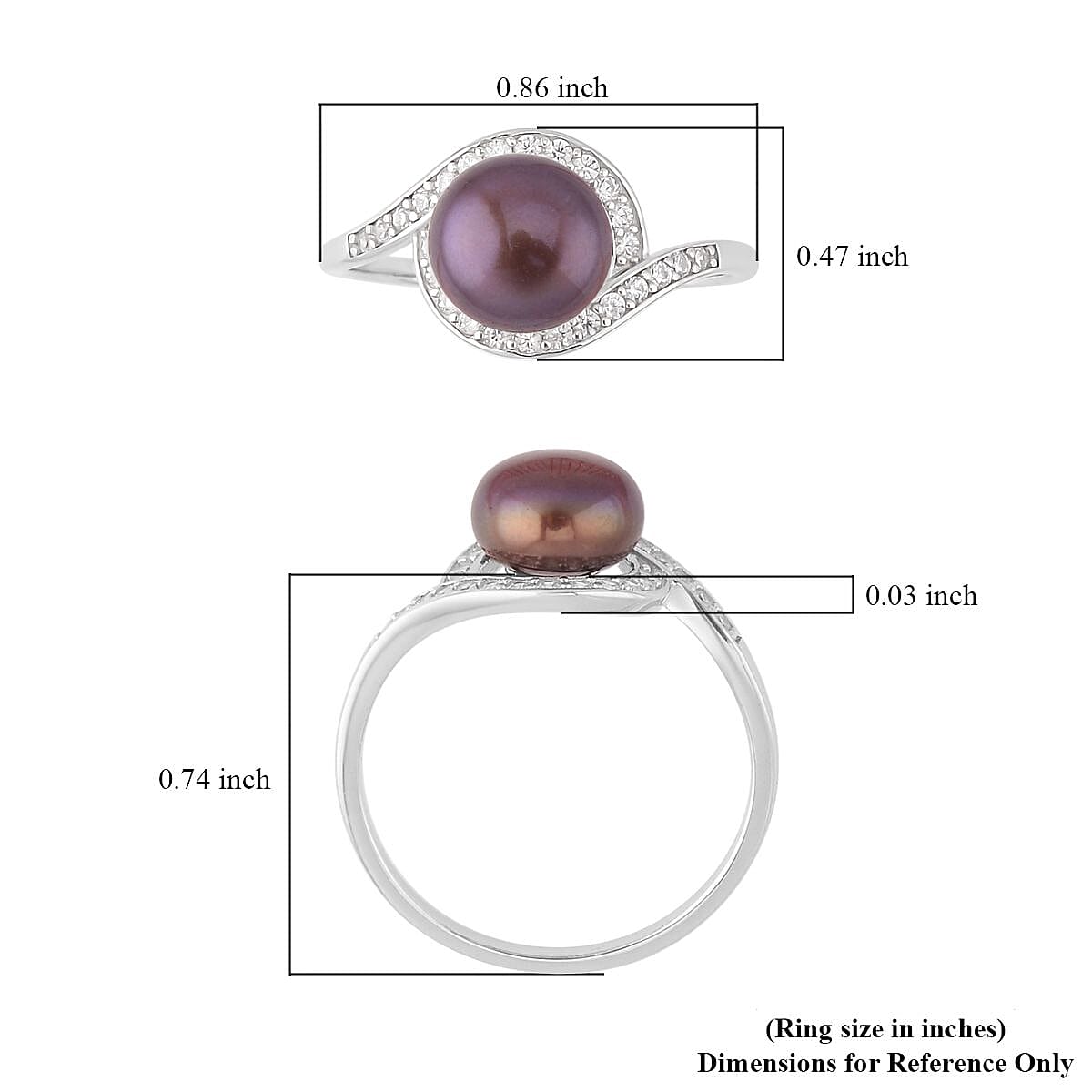 Freshwater Peacock Cultured Pearl and Simulated Diamond Bypass Ring in Rhodium Over Sterling Silver (Size 10.0) 0.40 ctw image number 5