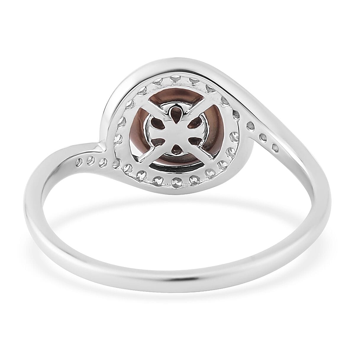 Freshwater Peacock Cultured Pearl and Simulated Diamond Bypass Ring in Rhodium Over Sterling Silver (Size 9.0) 0.40 ctw image number 4