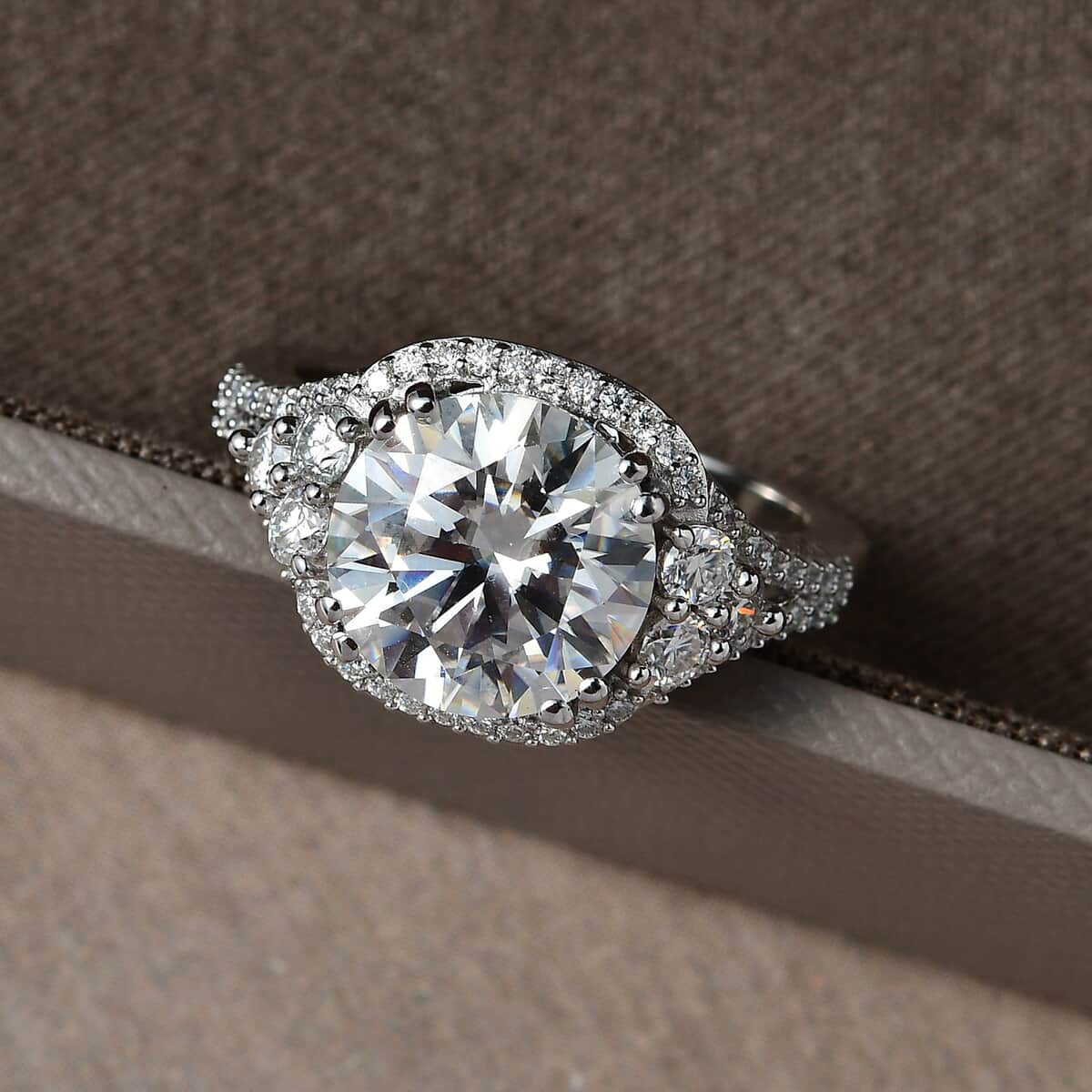 Moissanite Halo Ring in Platinum Over Sterling Silver 4.25 ctw (Del. in 7-10 Days) image number 1