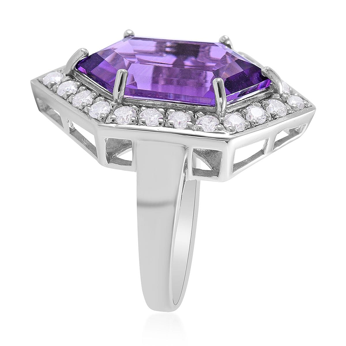 AAA Lusaka Amethyst and Moissanite Hexagon Shape Ring in Platinum Over Sterling Silver (Size 10.0) 12.65 ctw image number 2
