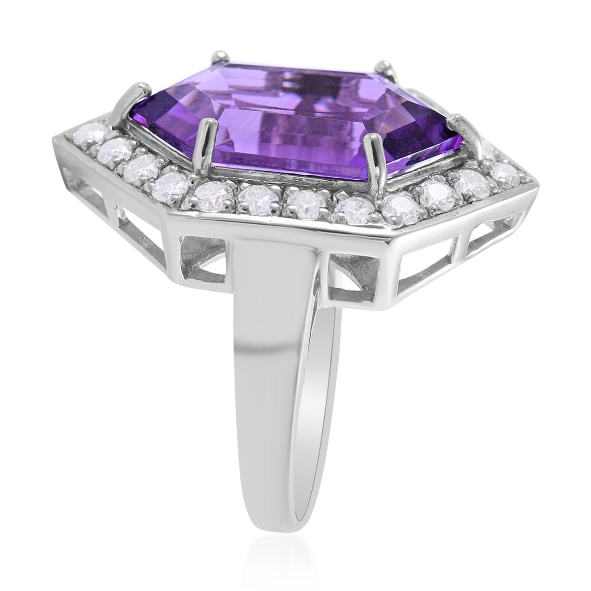 AAA Lusaka Amethyst and Moissanite 10.15 ctw Hexagon Shape Halo Ring in Platinum Over Sterling Silver (Size 8.0)  image number 2