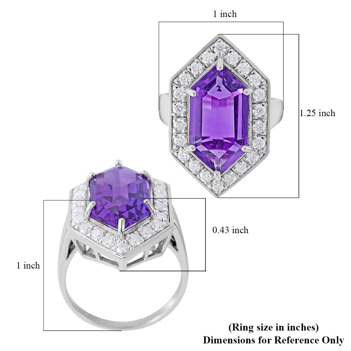 AAA Lusaka Amethyst and Moissanite 10.15 ctw Hexagon Shape Halo Ring in Platinum Over Sterling Silver (Size 8.0)  image number 4