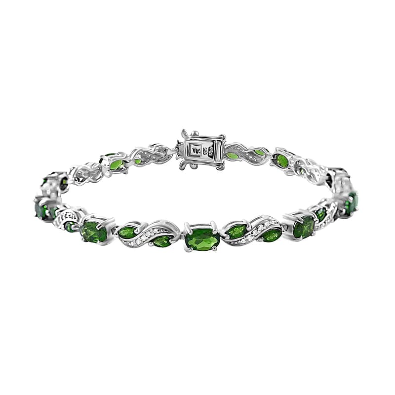 Chrome Diopside Bracelet, White Zircon Accents Bracelet, Platinum Over Sterling Silver Bracelet (7.25 In) 7.85 ctw