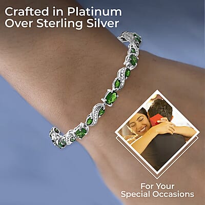 Chrome Diopside Bracelet, White Zircon Accents Bracelet, Platinum Over Sterling Silver Bracelet (7.25 In) 7.85 ctw