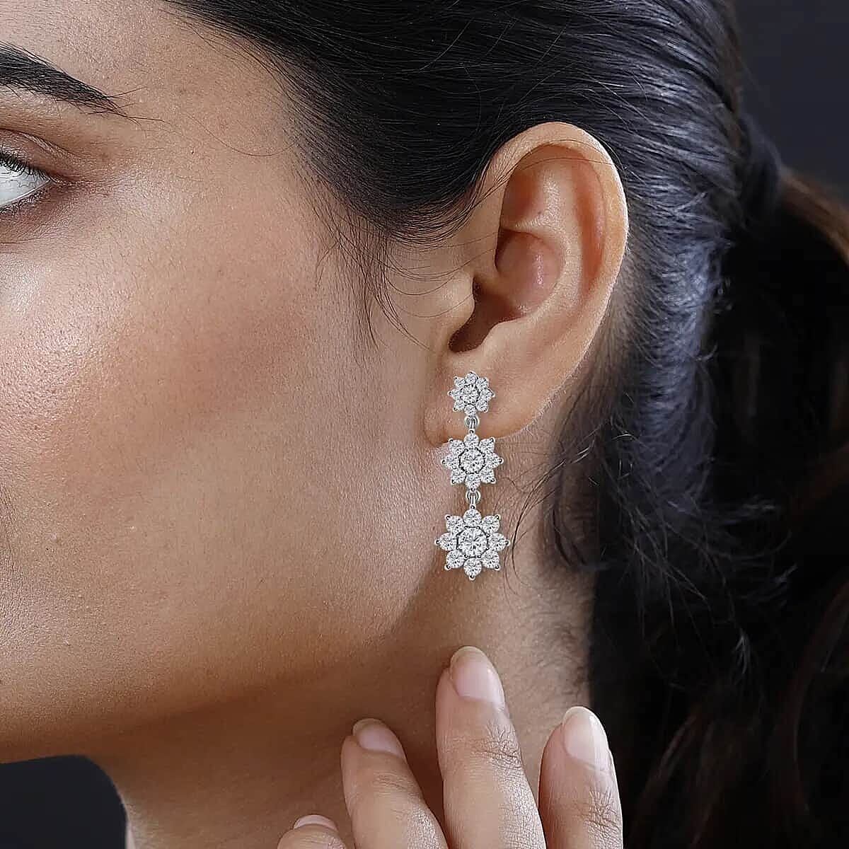 Buy D'Joy Moissanite Floral Dangle Earrings Platinum Over