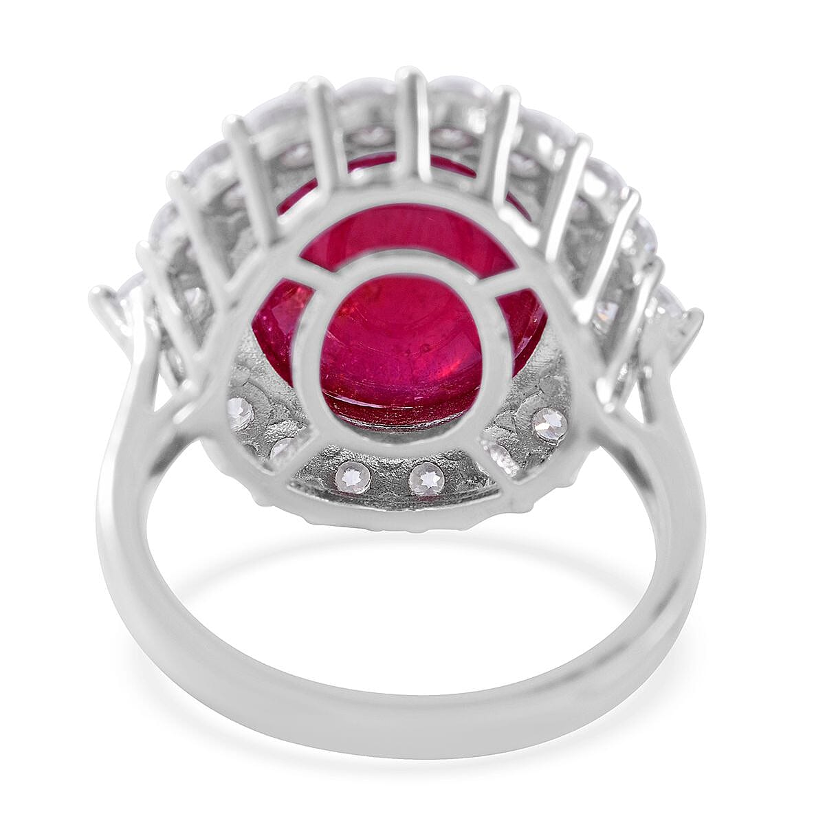 Niassa Ruby (FF) and Moissanite Sunburst Ring in Platinum Over Sterling Silver (Size 10.0) 19.40 ctw image number 3