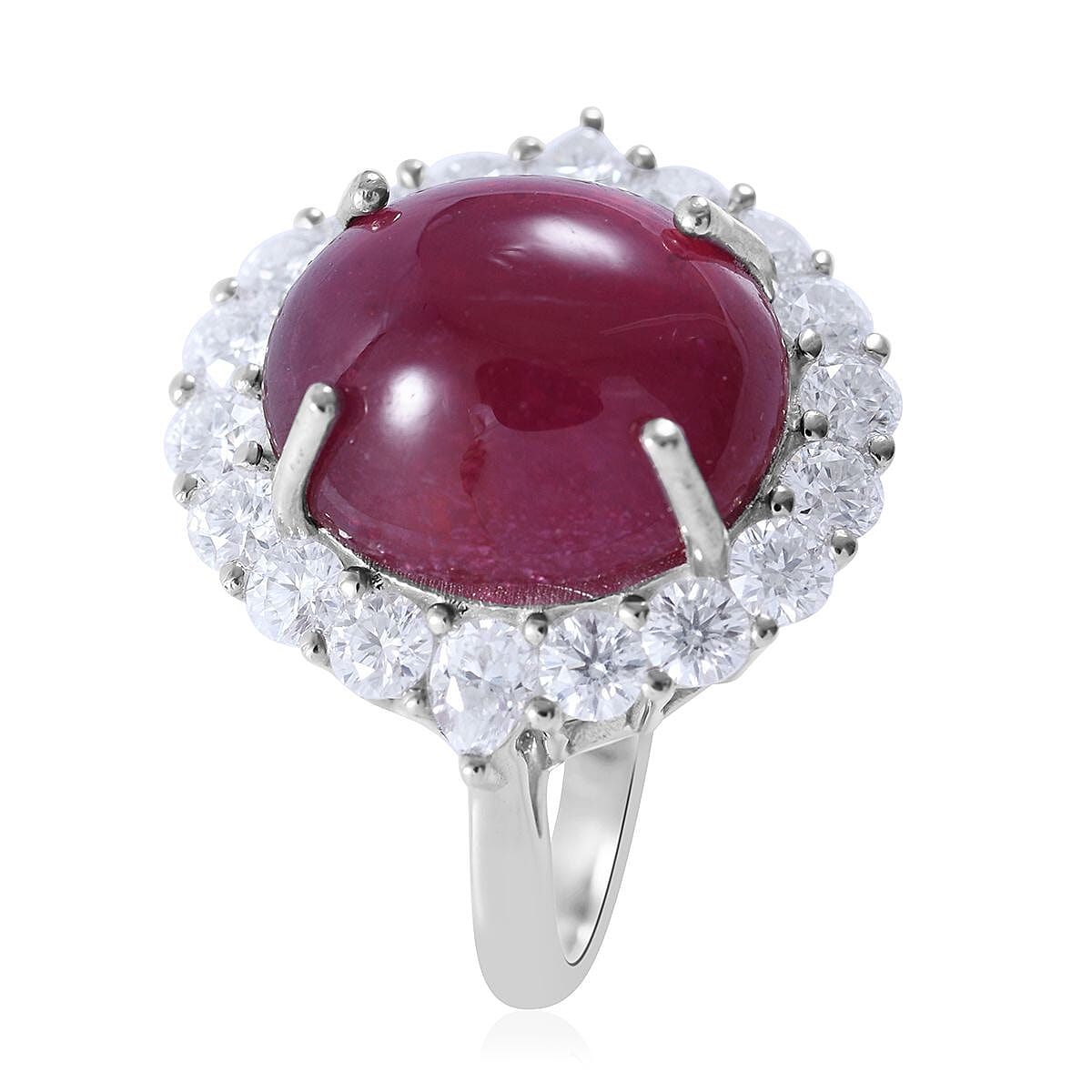 Niassa Ruby (FF) and Moissanite Halo Ring in Platinum Over Sterling Silver (Size 6.0) 19.40 ctw image number 2